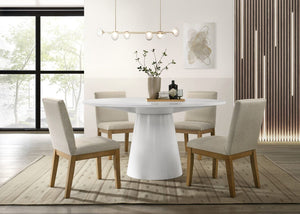 Jasper White 5 Piece 59"W Contemporary Round Dining Table Set with Beige Fabric Chairs