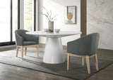 Jasper 59"W White 3 Piece Round Dining Table Set with Gray Barrel Chairs