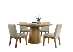 Jasper Driftwood Finish 5 Piece 59"W Contemporary Round Dining Table Set with Beige Fabric Chairs