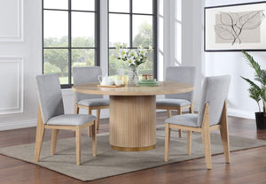 Caspian 5 Piece 59"W Round Oak Finish Dining Table Set with Gray Chairs