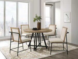 Tate Oak Finish 47"W Round Dining Table Set with Cream Color Upholstered Chairs