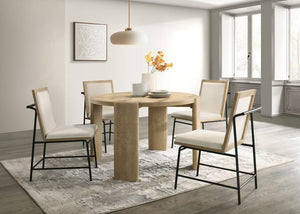 Bowen Oak Finish 47"W Round Dining Table Set with Cream Color Upholstered Chairs