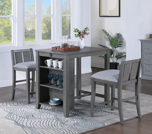 Graham 36"W 3-Piece Gray Finish Small Space Counter Height Dining Table with Shelves and 2 Chairs