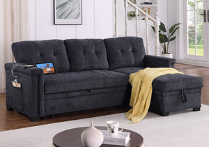 Ashlyn 83.5"W Dark Gray Chenille Reversible Sleeper Sectional Sofa with Storage Chaise, Charging Ports, Side Pockets