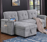 Ashlyn 83.5"W Light Gray Chenille Reversible Sleeper Sectional Sofa with Storage Chaise, Charging Ports, Side Pockets