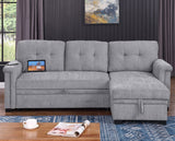 Ashlyn 83.5"W Light Gray Chenille Reversible Sleeper Sectional Sofa with Storage Chaise, Charging Ports, Side Pockets