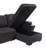 Toby 95"W Black Woven Fabric Reversible Sleeper Sectional Sofa with Storage Chaise Cup Holder Charging Ports and Pockets