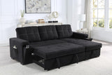 Toby 95"W Black Woven Fabric Reversible Sleeper Sectional Sofa with Storage Chaise Cup Holder Charging Ports and Pockets