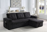 Toby 95"W Black Woven Fabric Reversible Sleeper Sectional Sofa with Storage Chaise Cup Holder Charging Ports and Pockets