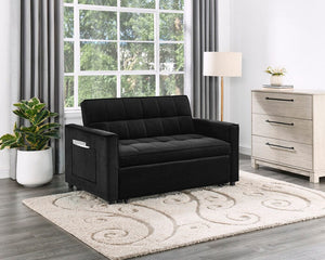 Maeve 53.5"W Black Velvet Convertible Sleeper Loveseat with Tufting and Side Pocket