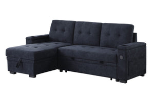 Ashlyn II 84"W Dark Gray Woven Fabric Reversible Sleeper Sectional Sofa with Storage Chaise, Storage Arm, Cup Holder, Charging Ports, Side Pockets, and Pocket Coil Seating