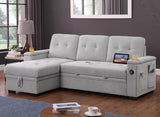 Ashlyn II 84"W Gray Woven Fabric Reversible Sleeper Sectional Sofa with Storage Chaise, Storage Arm, Cup Holder, Charging Ports, Side Pockets, and Pocket Coil Seating