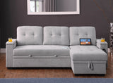 Ashlyn II 84"W Gray Woven Fabric Reversible Sleeper Sectional Sofa with Storage Chaise, Storage Arm, Cup Holder, Charging Ports, Side Pockets, and Pocket Coil Seating