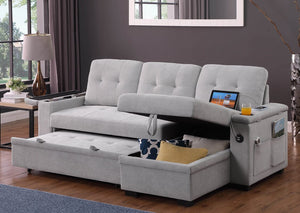 Ashlyn II 84"W Gray Woven Fabric Reversible Sleeper Sectional Sofa with Storage Chaise, Storage Arm, Cup Holder, Charging Ports, Side Pockets, and Pocket Coil Seating