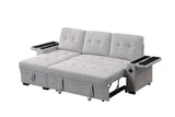 Ashlyn II 84"W Gray Woven Fabric Reversible Sleeper Sectional Sofa with Storage Chaise, Storage Arm, Cup Holder, Charging Ports, Side Pockets, and Pocket Coil Seating