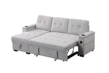 Ashlyn II 84"W Gray Woven Fabric Reversible Sleeper Sectional Sofa with Storage Chaise, Storage Arm, Cup Holder, Charging Ports, Side Pockets, and Pocket Coil Seating