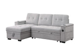 Ashlyn II 84"W Gray Woven Fabric Reversible Sleeper Sectional Sofa with Storage Chaise, Storage Arm, Cup Holder, Charging Ports, Side Pockets, and Pocket Coil Seating