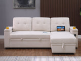 Ashlyn II 84"W Beige Woven Fabric Reversible Sleeper Sectional Sofa with Storage Chaise, Storage Arm, Cup Holder, Charging Ports,  Side Pockets, and Pocket Coil Seating