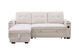 Ashlyn II 84"W Beige Woven Fabric Reversible Sleeper Sectional Sofa with Storage Chaise, Storage Arm, Cup Holder, Charging Ports,  Side Pockets, and Pocket Coil Seating