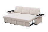 Ashlyn II 84"W Beige Woven Fabric Reversible Sleeper Sectional Sofa with Storage Chaise, Storage Arm, Cup Holder, Charging Ports,  Side Pockets, and Pocket Coil Seating