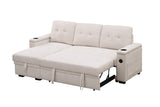 Ashlyn II 84"W Beige Woven Fabric Reversible Sleeper Sectional Sofa with Storage Chaise, Storage Arm, Cup Holder, Charging Ports,  Side Pockets, and Pocket Coil Seating