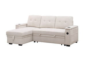 Ashlyn II 84"W Beige Woven Fabric Reversible Sleeper Sectional Sofa with Storage Chaise, Storage Arm, Cup Holder, Charging Ports,  Side Pockets, and Pocket Coil Seating