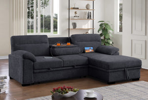 Kipling II 92.5"W Dark Gray Chenille Fabric Sleeper Sectional Sofa with Right-Facing Chaise, Cupholders, USB Charging port