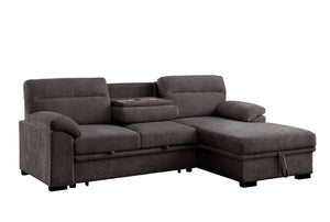 Kipling II 92.5"W Brown Chenille Fabric Sleeper Sectional Sofa with Right-Facing Chaise, Cupholders, USB Charging port