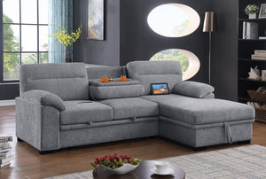 Kipling II 92.5"W Light Gray Chenille Fabric Sleeper Sectional Sofa with Right-Facing Chaise, Cupholders, USB Charging port