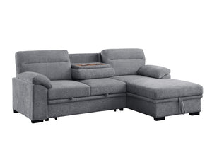 Kipling II 92.5"W Light Gray Chenille Fabric Sleeper Sectional Sofa with Right-Facing Chaise, Cupholders, USB Charging port