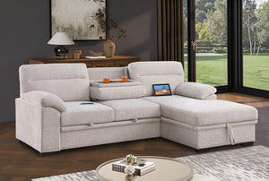 Kipling II 92.5"W Beige Chenille Fabric Sleeper Sectional Sofa with Right-Facing Chaise, Cupholders, USB Charging port