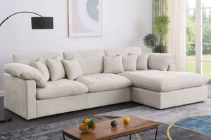 Eloise 121"W Beige Chenille Sectional Sofa with Right-Facing Chaise, 6 Throw Pillows