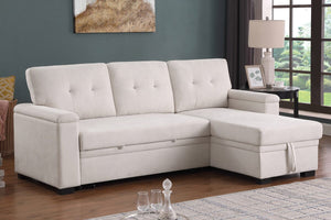 Lucca II 84.5"W Beige Woven Fabric Reversible Sleeper Sectional Sofa with Storage Chaise