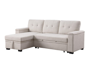 Lucca II 84.5"W Beige Woven Fabric Reversible Sleeper Sectional Sofa with Storage Chaise