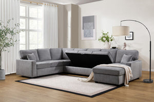 Samara 137"W Gray Chenille Sectional Sofa with Right-Facing Chaise, Underseat Storage, Throw Pillows