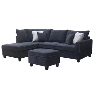 Harmony 99.5"W Black Fabric Sectional Sofa with Left-Facing Chaise and Storage Ottoman