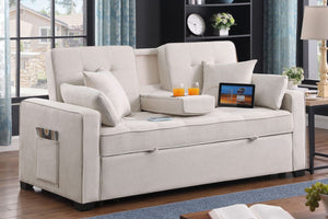 Cody II 69.5"W Beige Woven Fabric Convertible Sleeper Loveseat with Cup Holder, Charging Ports, Side Pocket, and Pocket Coil Seating