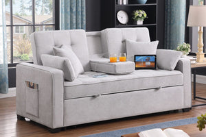 Cody II 69.5"W Light Gray Woven Fabric Convertible Sleeper Loveseat with Cup Holder, Charging Ports, Side Pocket, and Pocket Coil Seating