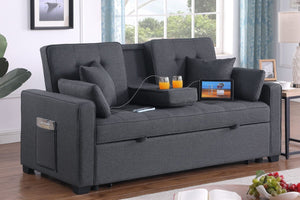 Cody II 69.5"W Dark Gray Linen Convertible Sleeper Loveseat with Cup Holder, Charging Ports and Pocket