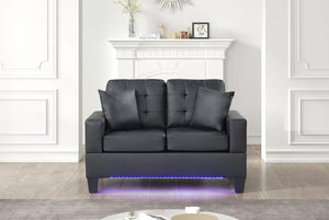 Genesis 55.5"W Black PVC Fabric Loveseat with LED Lights, USB Charger, Tufted Cushions