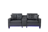 Genesis 85"W Black PVC Fabric Sofa with LED Lights, USB Charger, Storage Console, Cupholders, Tufted Cushions