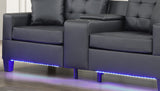 Genesis 85"W Black PVC Fabric Sofa with LED Lights, USB Charger, Storage Console, Cupholders, Tufted Cushions