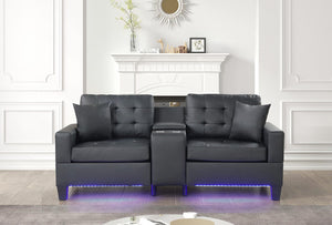 Genesis 85"W Black PVC Fabric Sofa with LED Lights, USB Charger, Storage Console, Cupholders, Tufted Cushions