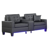 Genesis 85"W Black PVC Fabric Sofa with LED Lights, USB Charger, Storage Console, Cupholders, Tufted Cushions