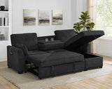 Ember 92"W Black Fabric Sleeper Sectional with Reversible Storage Chaise, USB Charging Ports, and Cupholders