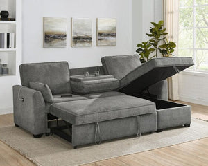 Ember 92"W Gray Fabric Sleeper Sectional with Reversible Storage Chaise, USB Charging Ports, and Cupholders