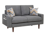 Abella Mid-Century Modern Dark Gray Woven Fabric Loveseat Couch with USB Charging Ports & Pillows