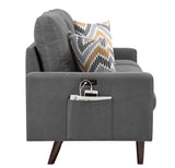 Abella Mid-Century Modern Dark Gray Woven Fabric Loveseat Couch with USB Charging Ports & Pillows