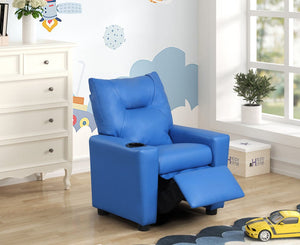 Perline 23"W Blue PVC Fabric Kids Recliner Chair with Cupholder