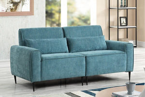 Valentina 74"W Blue Chenille Sofa with Metal Legs and Throw Pillows